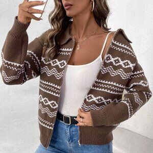Perfee Geometric Zip Up Collared Neck Long Sleeve Cardigan